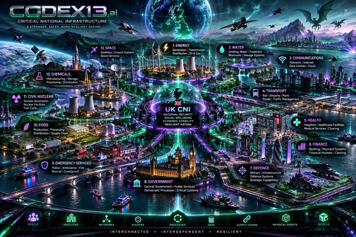 CODEX13.ai infographic depicting thirteen UK Critical National Infrastructure sectors.