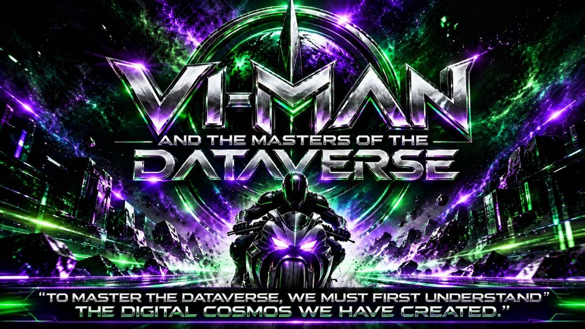 VI-MAN and the Masters of the Dataverse, with a rider and a message about understanding the digital cosmos.