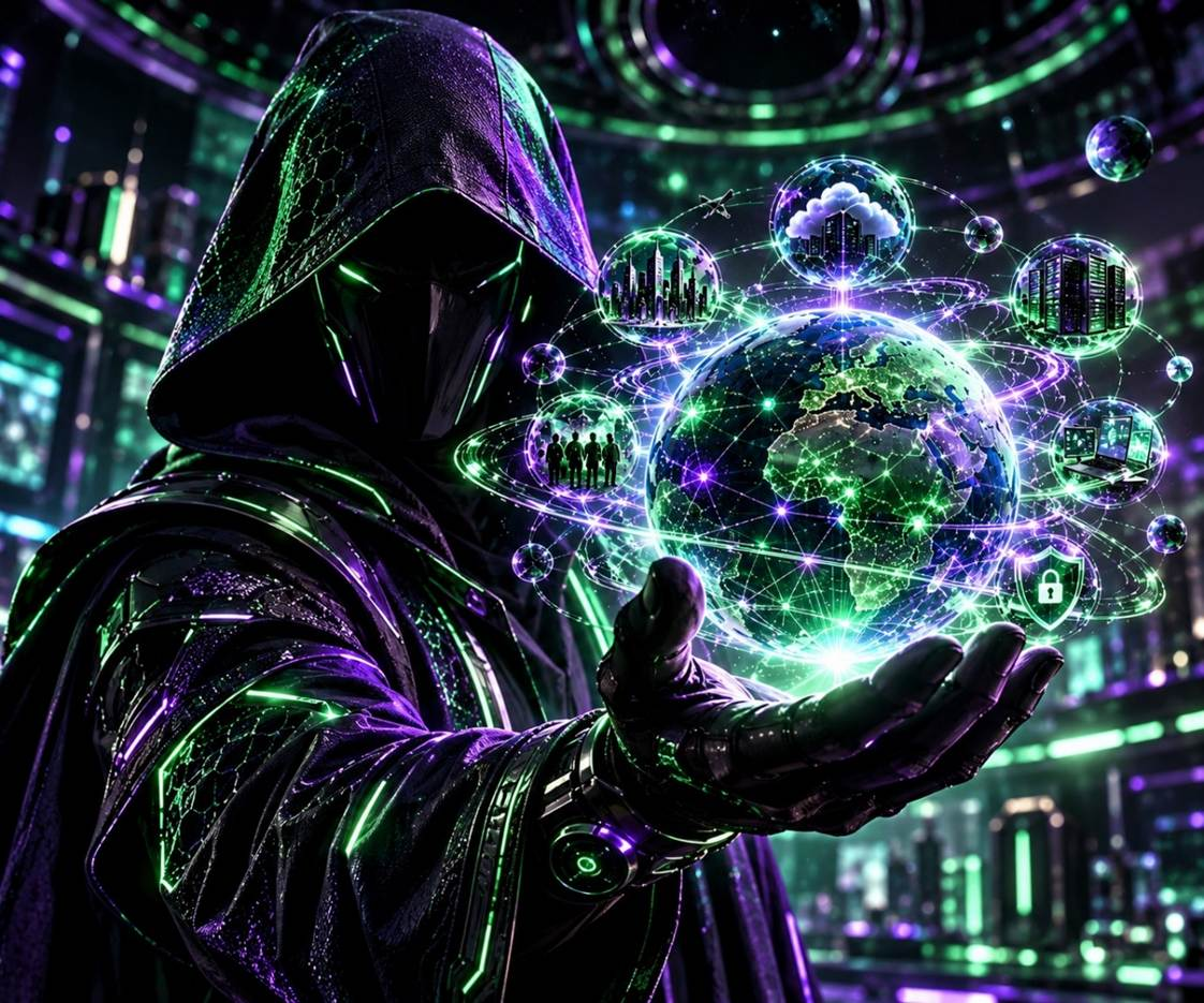 A hooded digital adversary holds the interconnected Dataverse.
